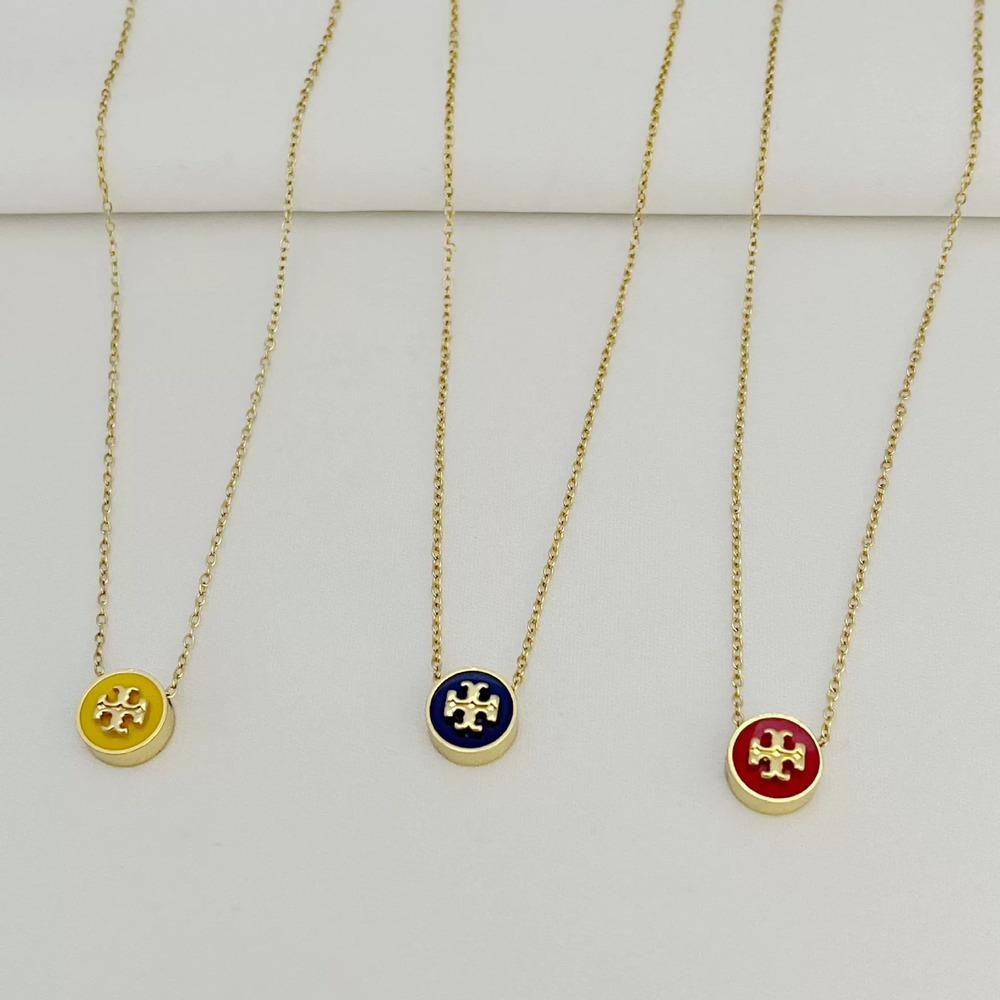 Tory Burch Enamel Painted Round Disc Necklace Gold Plated Copper